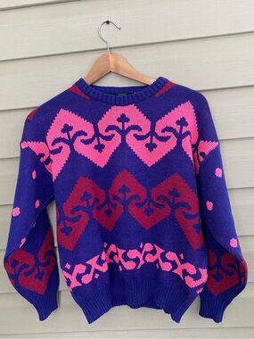 WEATHER BREAKER retro deadstock sweater geometric fleur-de-lis pink purple sz S